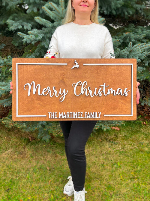 Custom Merry Christmas Sign | Christmas Sign Decor | Farmhouse Christmas Sign for Family Gift Engaged Couples Gift Christmas Tree Deer Sign