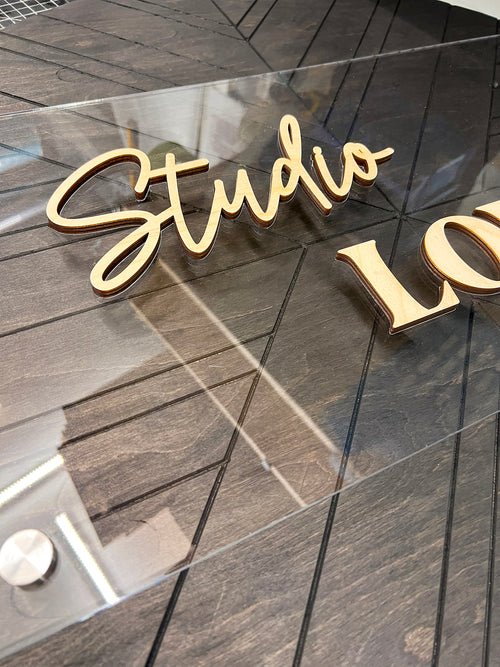 Laser Cut 3D Logo Small Business Sign - Wall Mounted - Shiny Plastic - Natural Wood - Cut Logo Sign for Office Wall Decor