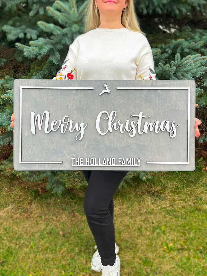 Custom Merry Christmas Sign | Christmas Sign Decor | Farmhouse Christmas Sign for Family Gift Engaged Couples Gift Christmas Tree Deer Sign