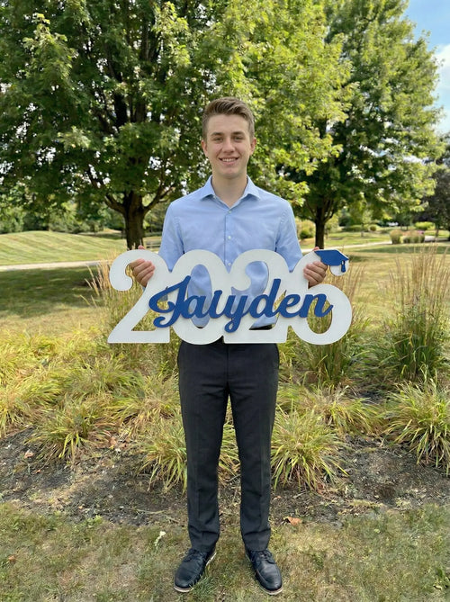 Personalized Class of 2026 graduation sign with custom name cutout. Large wooden 2026 year prop for high school senior photos and graduation party decor.