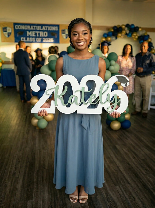 Personalized Class of 2026 graduation sign with custom name cutout. Large wooden 2026 year prop for high school senior photos and graduation party decor.