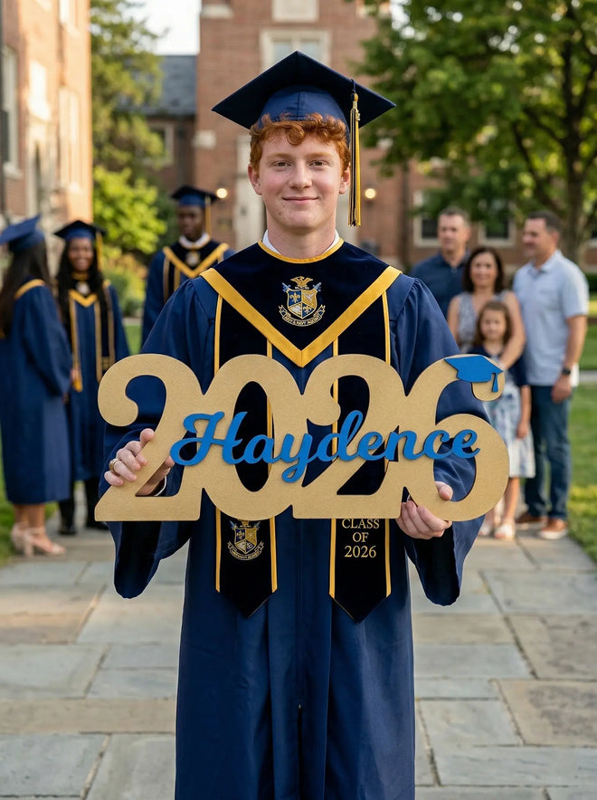 Graduate in cap and gown holding a '2026 Hayleene' sign with family in the background.