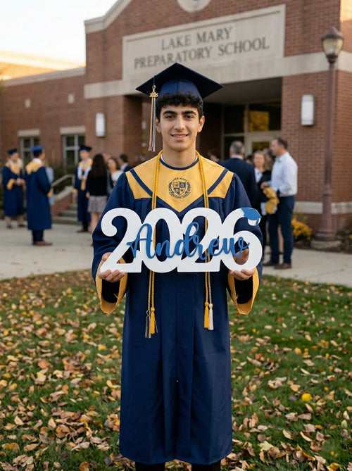 Graduating high school student holding '2026' and 'Andrew' signs in front of Lake Mary Preparatory School.