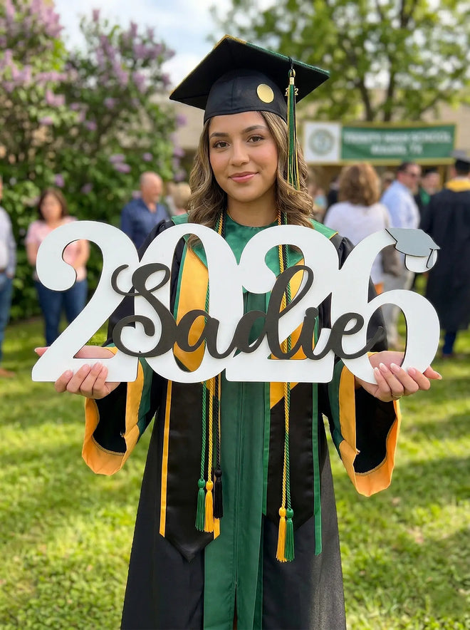 Personalized Class of 2026 graduation sign with custom name cutout. Large wooden 2026 year prop for high school senior photos and graduation party decor.