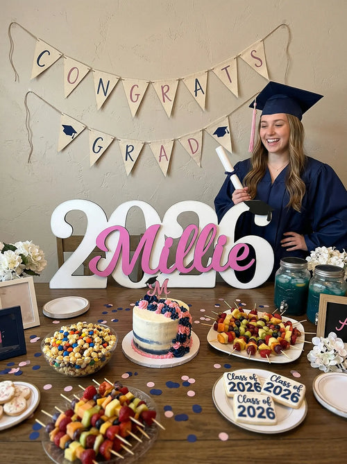 Graduation celebration with 'Congrats Grad 2026' banner, cake, and 'Class of 2026' decorations.