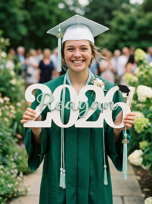 Graduate in cap and gown holding a personalized 2026 graduation year sign. Custom 3D wooden name prop for Class of 2026 senior photo shoots.