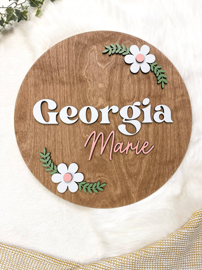 Round Wood Nursery Name Sign For Nursery Floral Design
