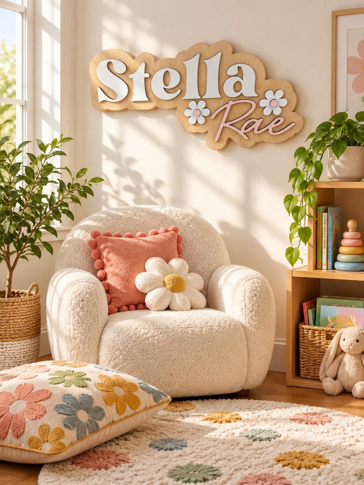 Layered wooden kids name sign with daisies in a girl's room