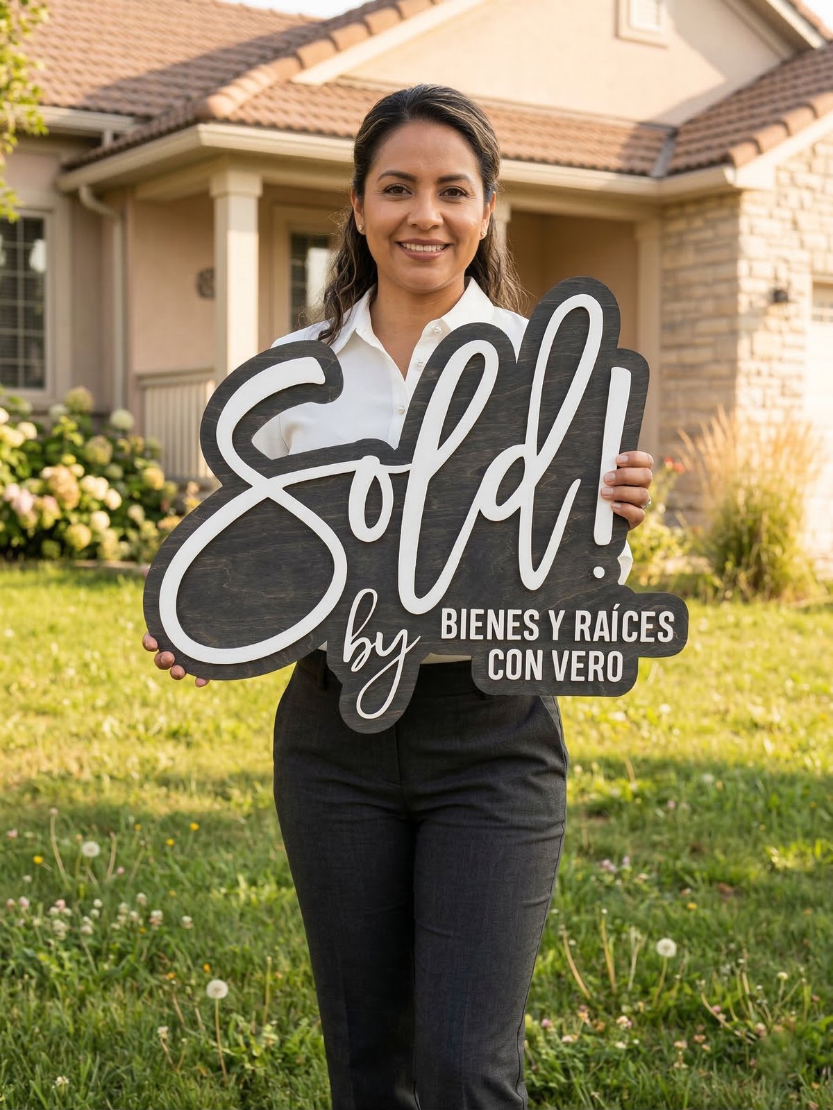 Realtor holding a custom wooden Sold sign with her business name
